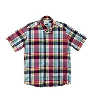 Barbour men’s short sleeve pocket red blue plaid button down cotton shirt Sz S